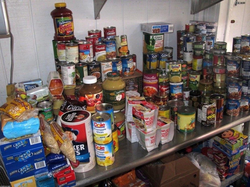 Donated canned goods stocked for the community food pantry